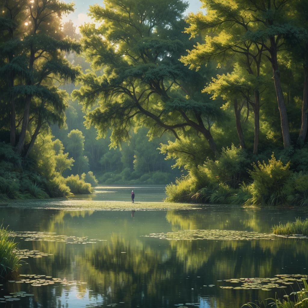 Impressionist Lake Scene in Pointillist Style