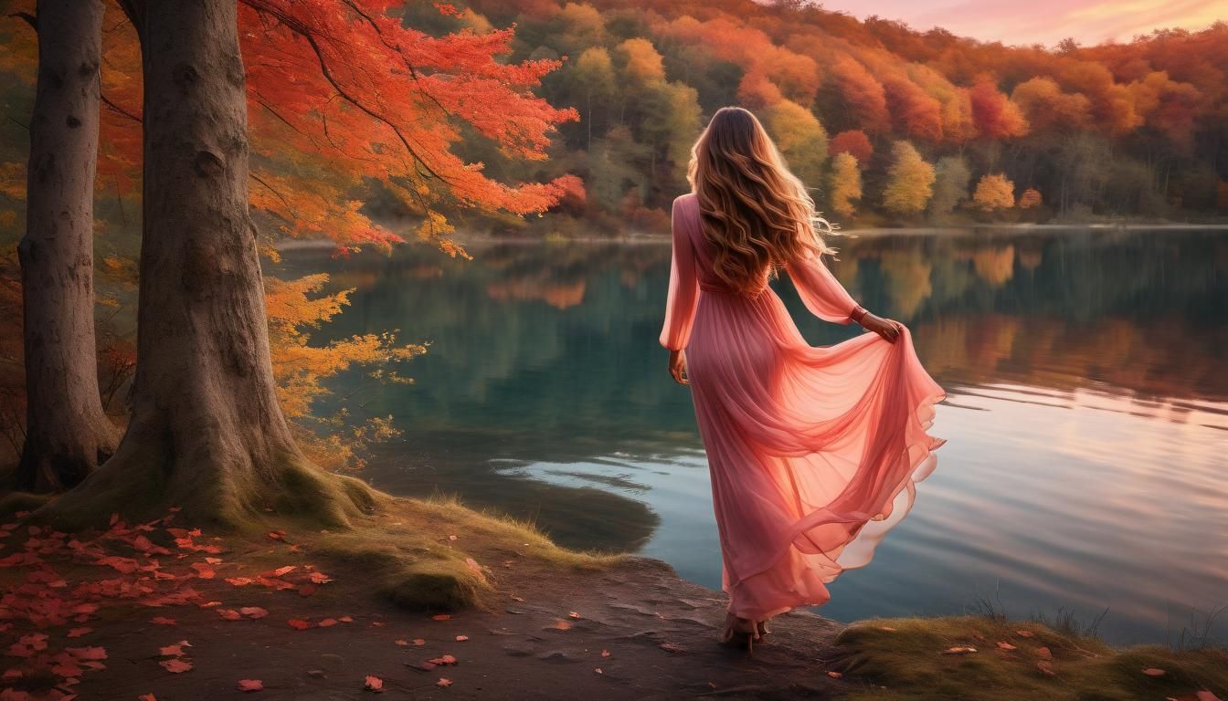 Enchanting Autumn Landscape with Serene Lake at Sunset