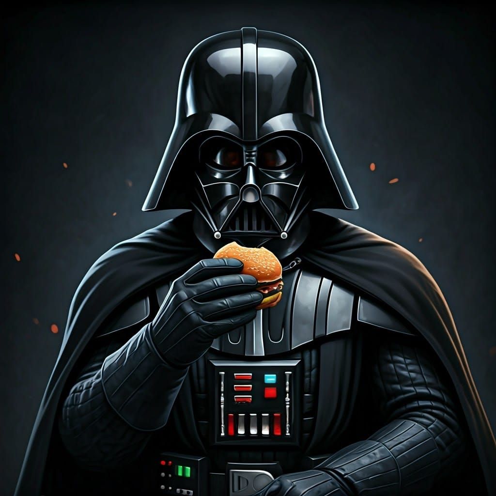 Darth Vader Savoring a Juicy Burger in a Dark, Cinematic Set...