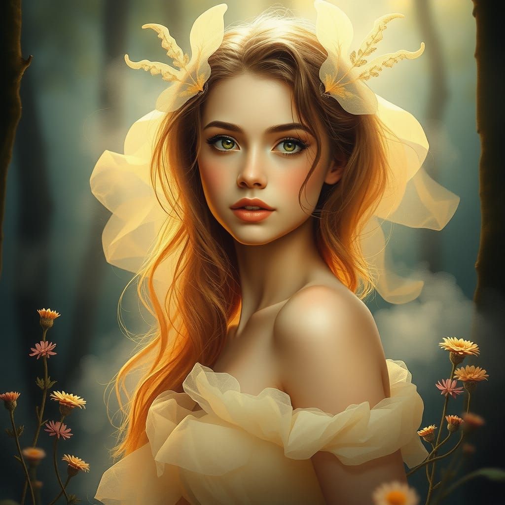 Ethereal Woman in Mystical Forest, Fantasy Art