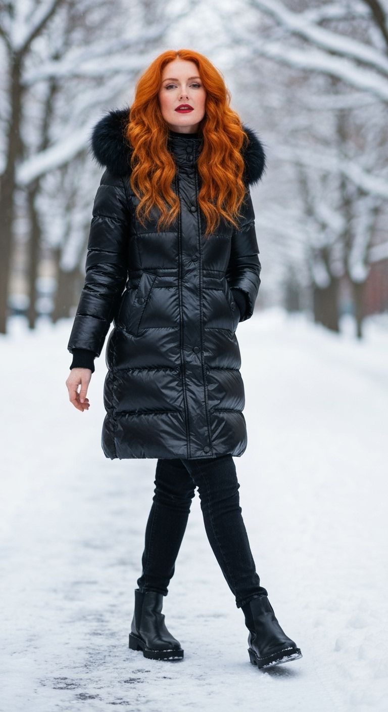 Woman with Red Curly Hair in Shiny Puffer Coat