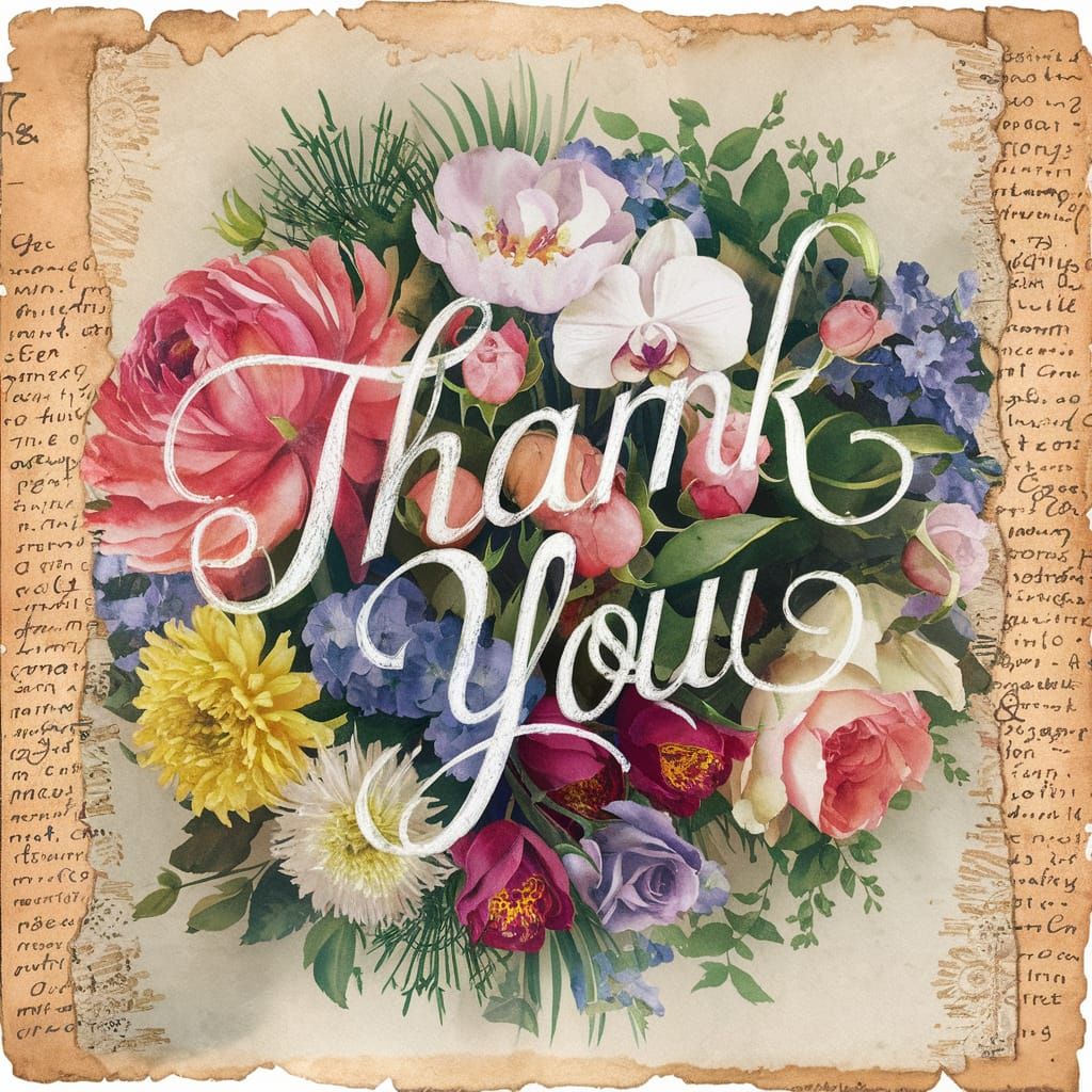 Watercolor Floral 'Thank You' Artwork with Vintage Charm