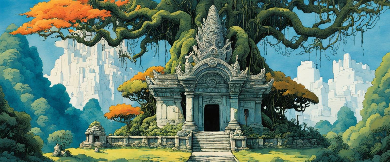 Lush Rainforest Temple with Yoda in Watercolor