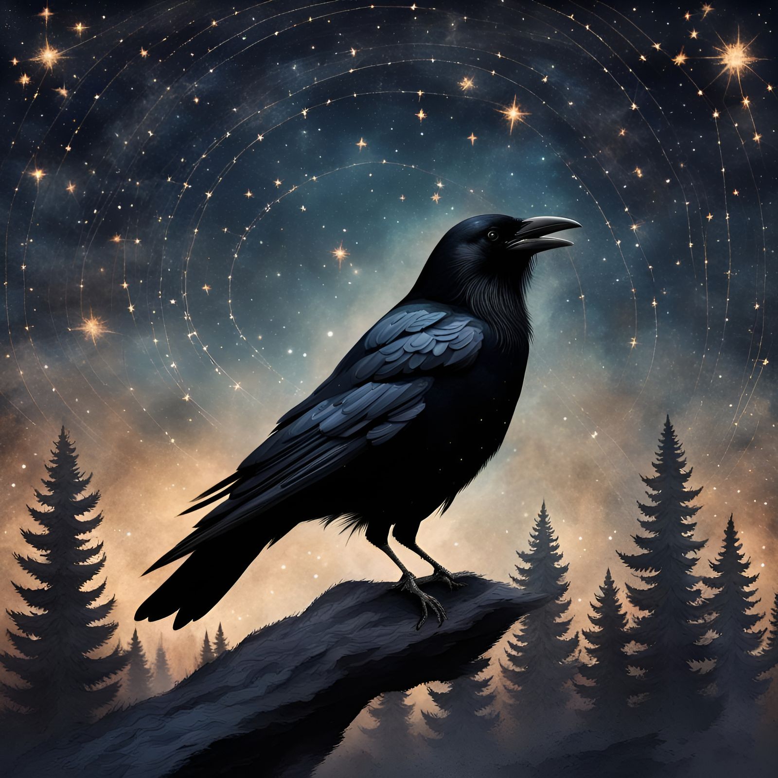 Crow Constellation in Starry Night Sky