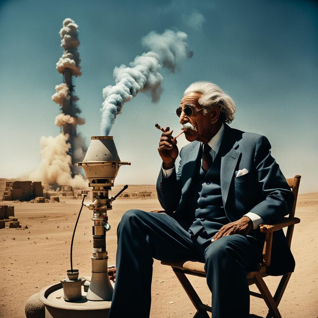 Einstein Smokes Shisha with Missile: Cinematic Still