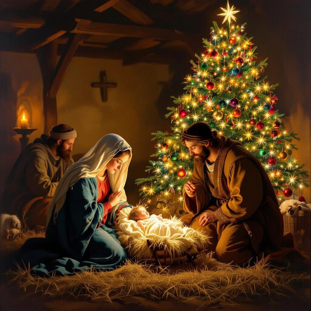Peaceful Nativity Scene with Decorated Christmas Tree in Oil...