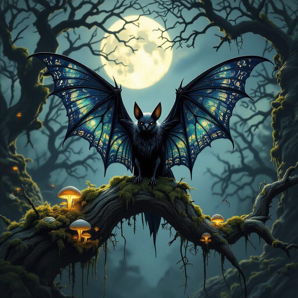 Gothic Bat with Iridescent Butterfly Wings in Moonlight