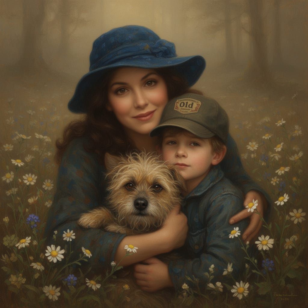Woman in Blue Hat Hugs Boy Amid Wildflowers