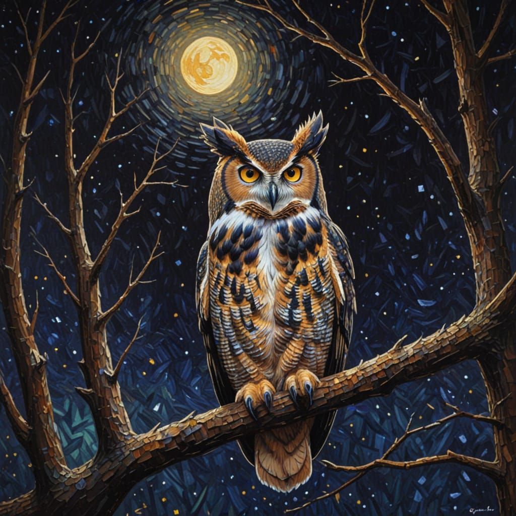 Horned Owl in Starry Night, Neo-Impressionist Oil Painting