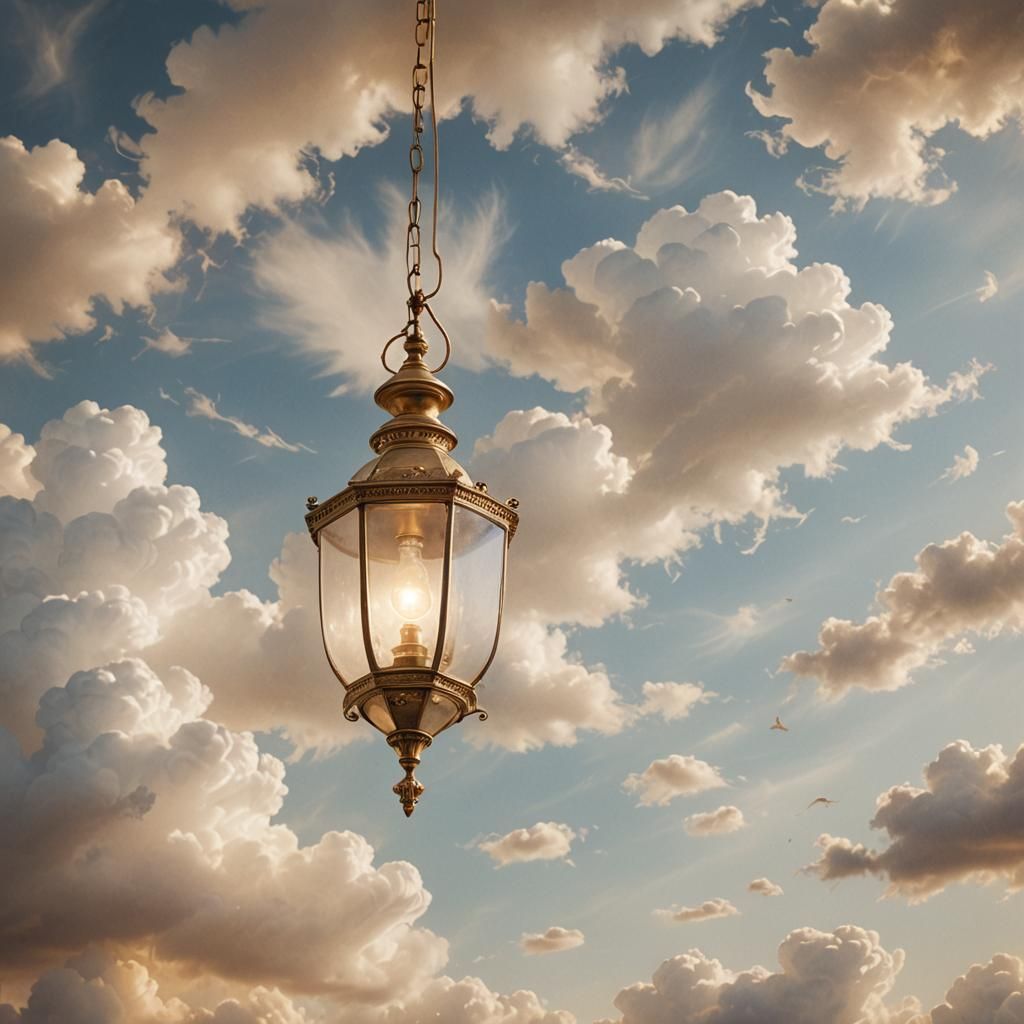 Ethereal Lamp in Clouds: Dreamy Oil Painting