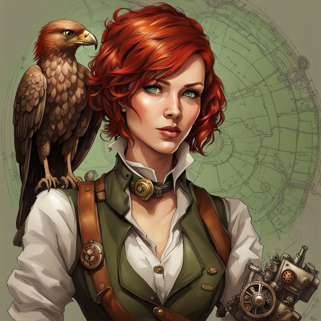Steampunk Cartographer with Hawk and Engine