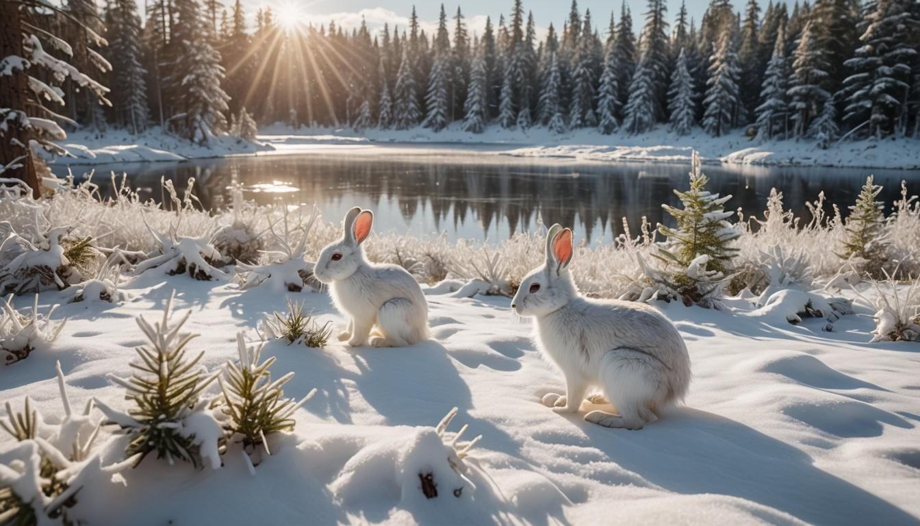 Albino Hare in Winter Landscape Photography