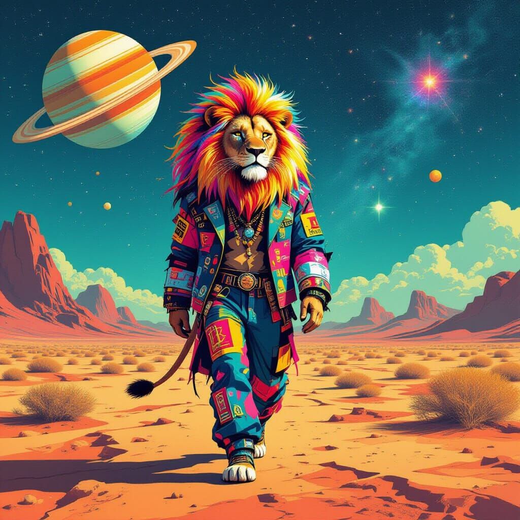 Cosmic Lion Strides Across Alien Desert