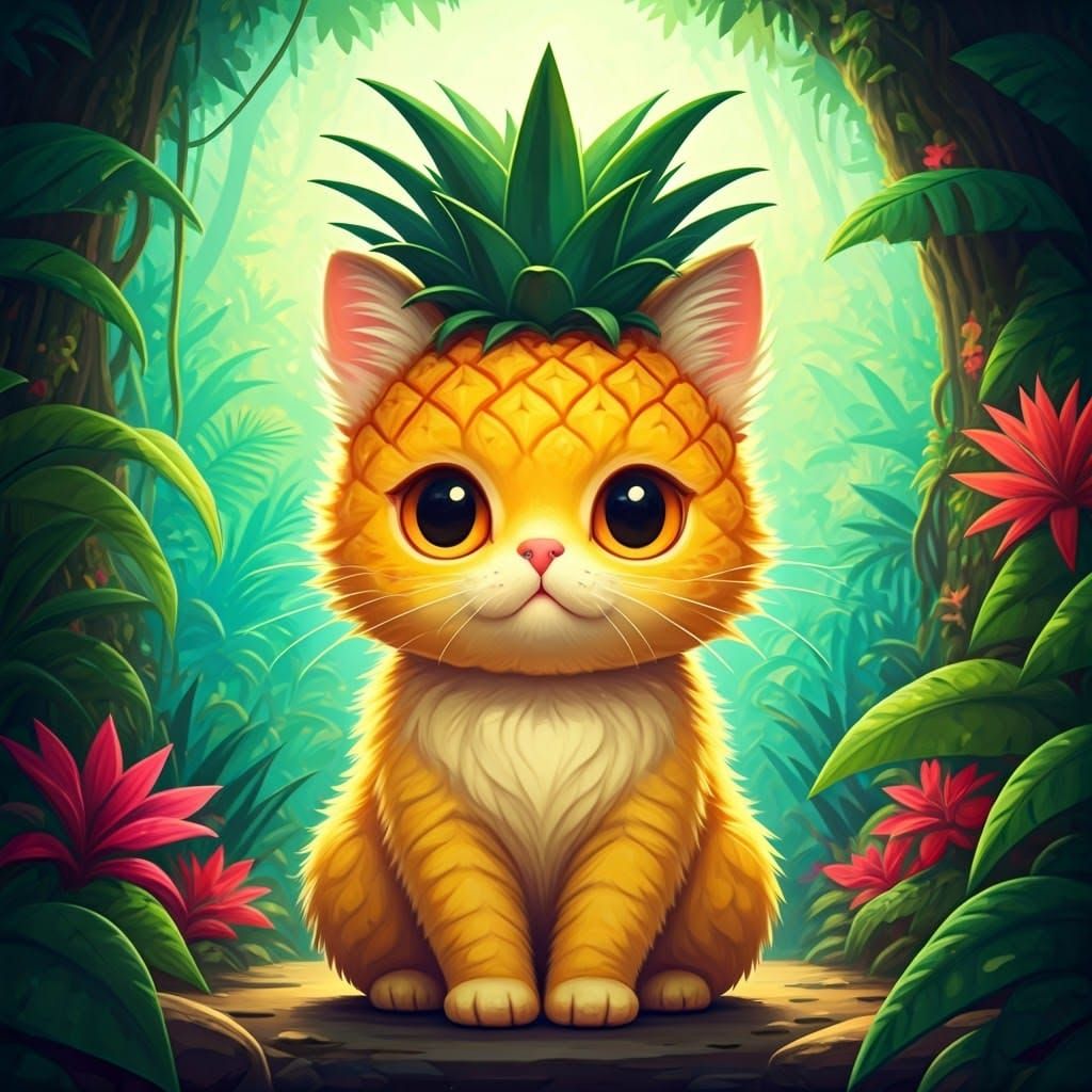 Whimsical Chibi Pineapple Cat in Vibrant Jungle Setting