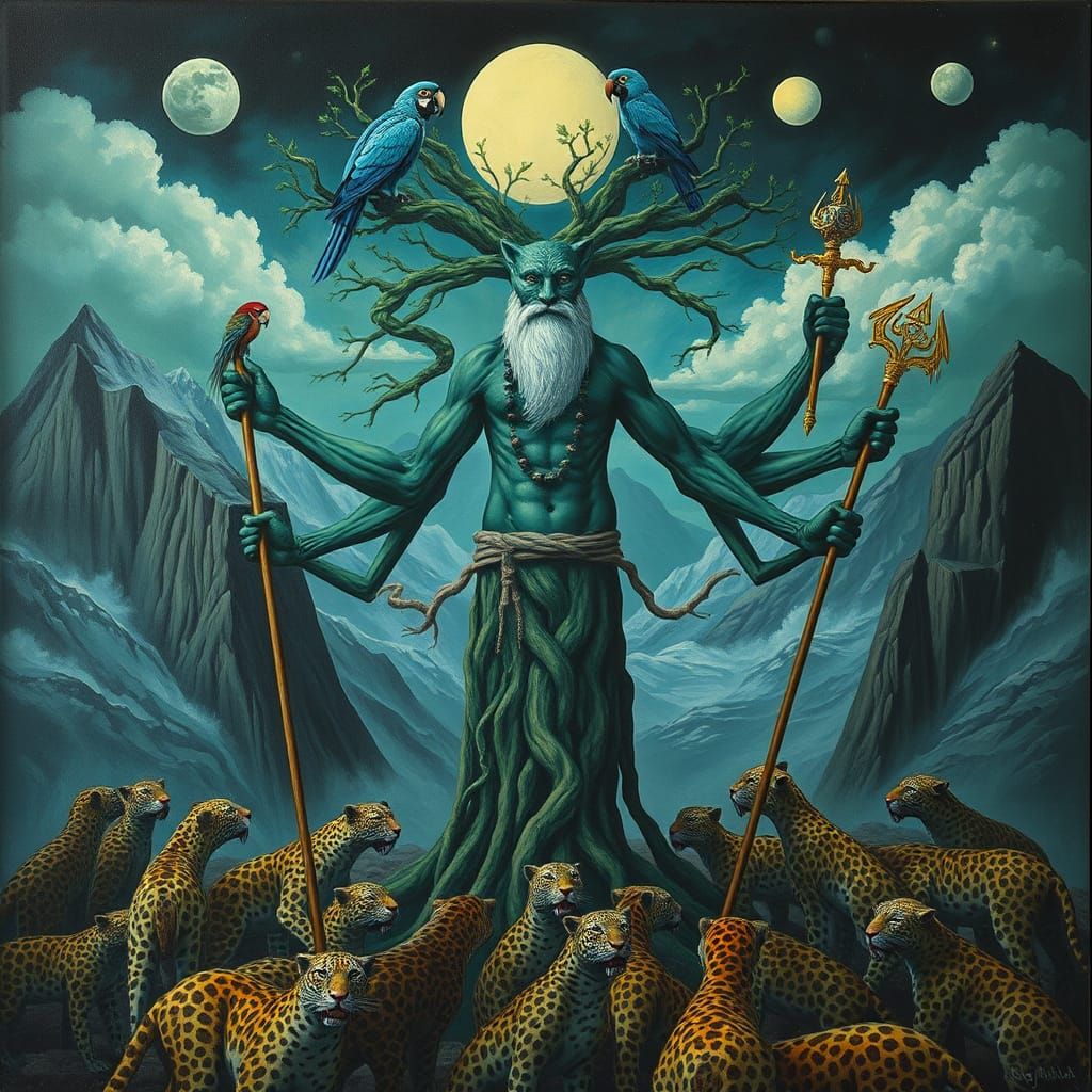 Leopard Shaman in Surreal Dreamlike Landscape