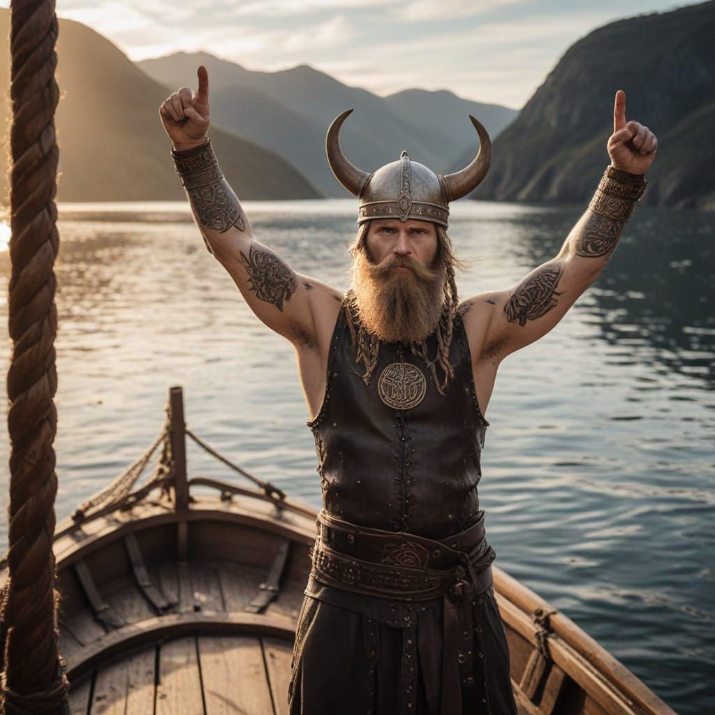 Viking Warrior Commands Longship in Golden Light