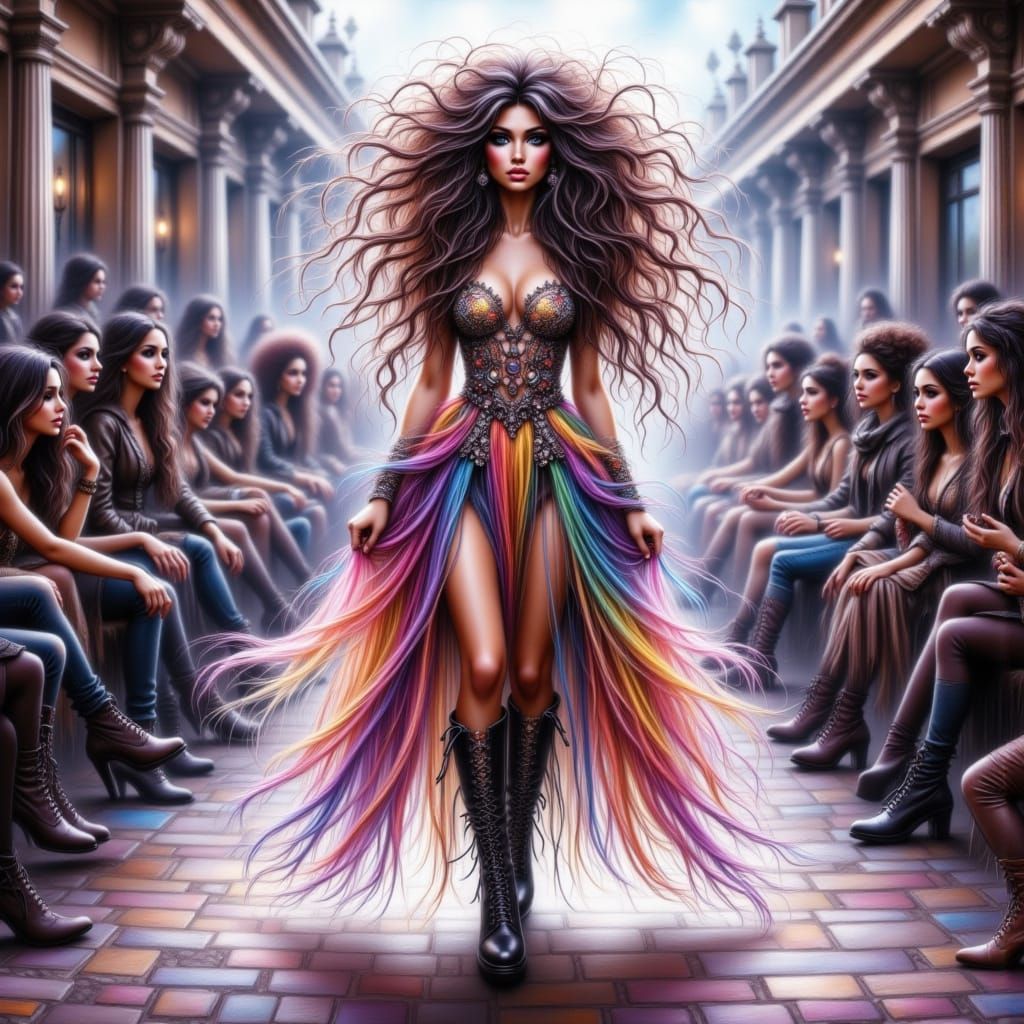 Ethereal Fashion Model Struts Down Neon-Lit Catwalk in Avant...