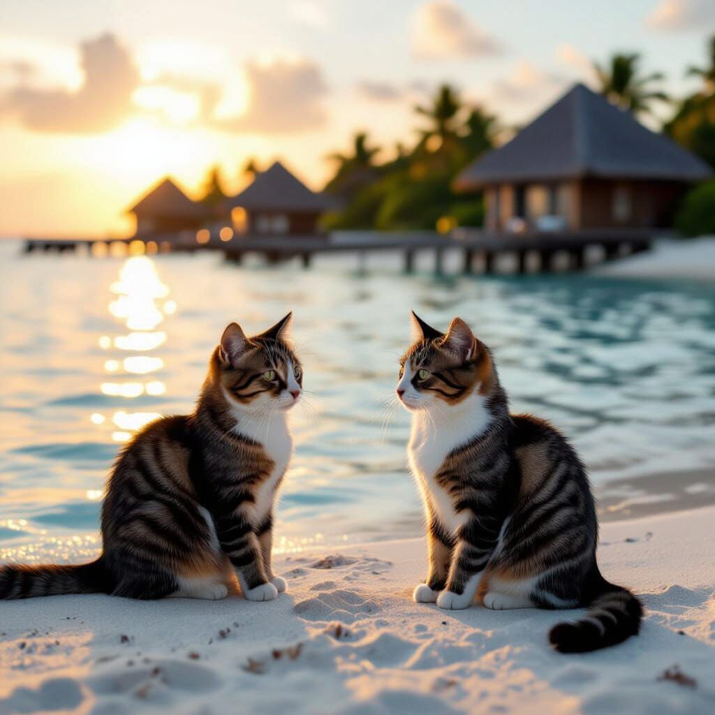 Two Cats on Maldivian Island, Photorealistic Style
