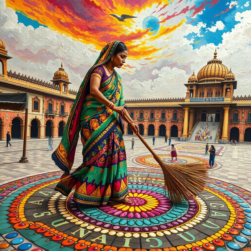 Vibrant Indian Woman Sweeping Mosaic Square
