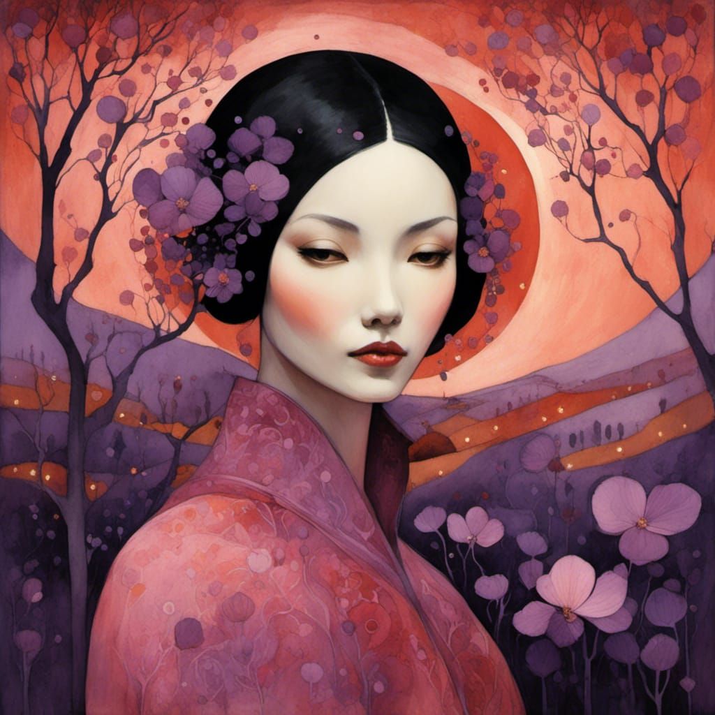 Layered Watercolor Illustration of Woman in Countryside