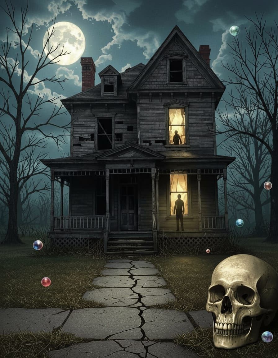 Haunted House by Moonlight with Floating Orbs