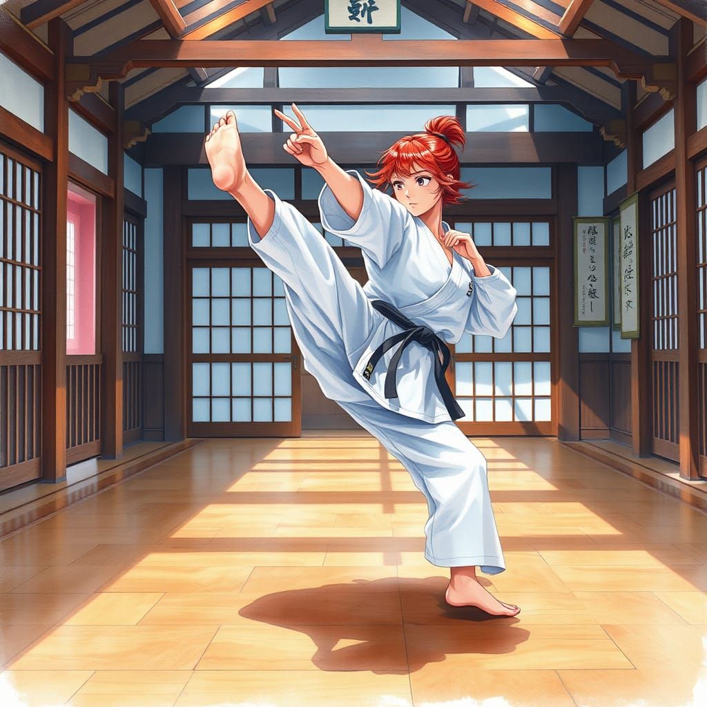 Watercolor Karate Master in Japanese Dojo