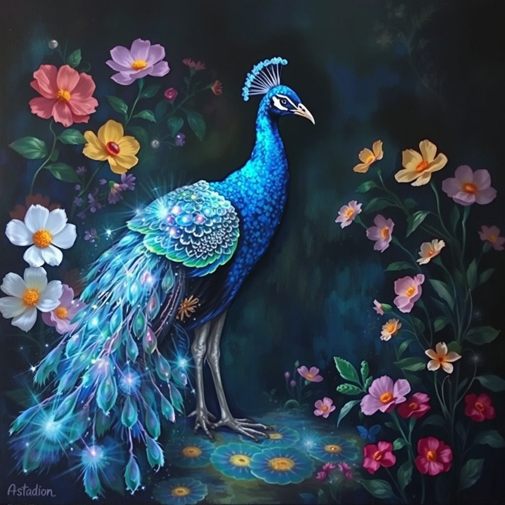 Glowing Peacock Amidst Vibrant Garden Blooms