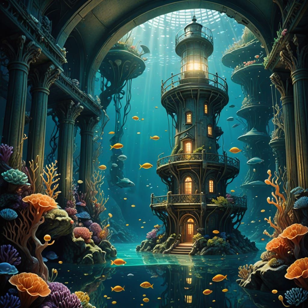 Underwater City in Giant Lighthouse, Art Nouveau Style