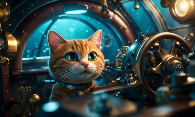 Cat Submarine Crew: Detailed Digital Art