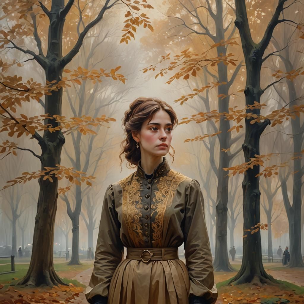 Woman in Foggy Park: Golden Oil Painting Portrait