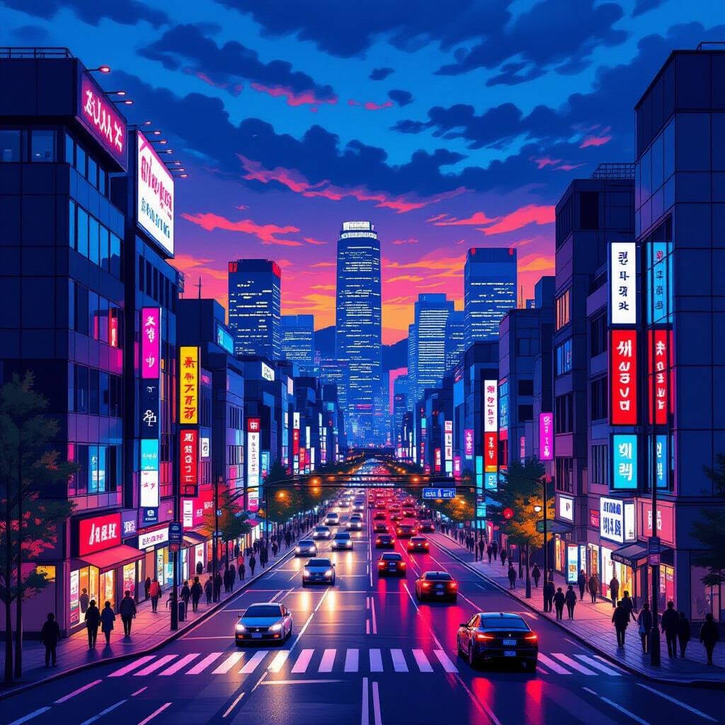 Seoul Cityscape at Dusk in Digital Painting Style