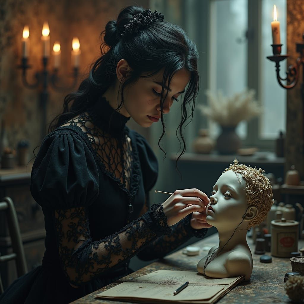 Melancholic Girl Sculpting in Gothic Atelier