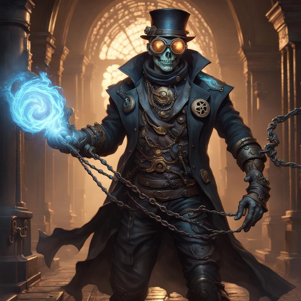 Steampunk Necromancer with Chain Whip, Dark Fantasy Art