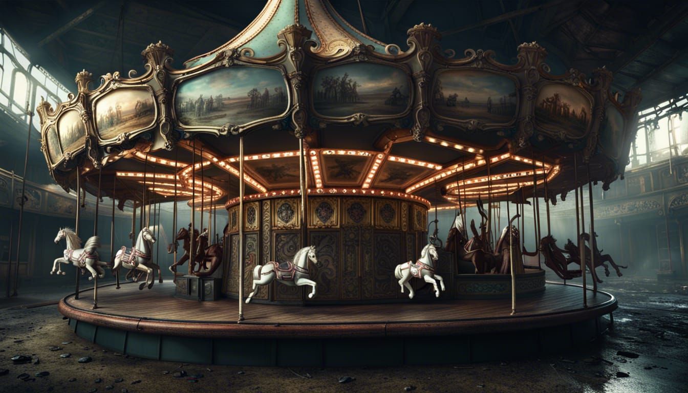 Abandoned Carousel in Post-Apocalyptic Fantasy Style