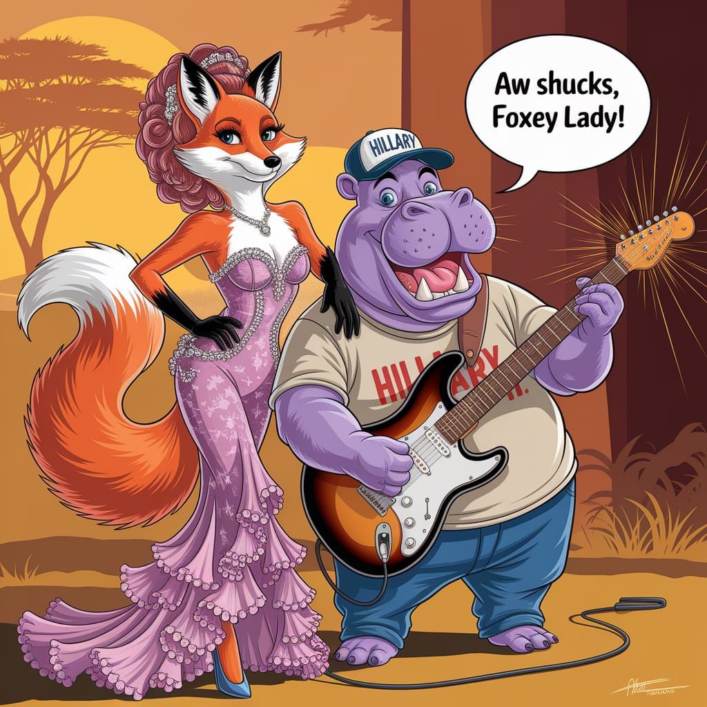 Frivolous Fox and Guitar-Shredding Hippo on African Savannah