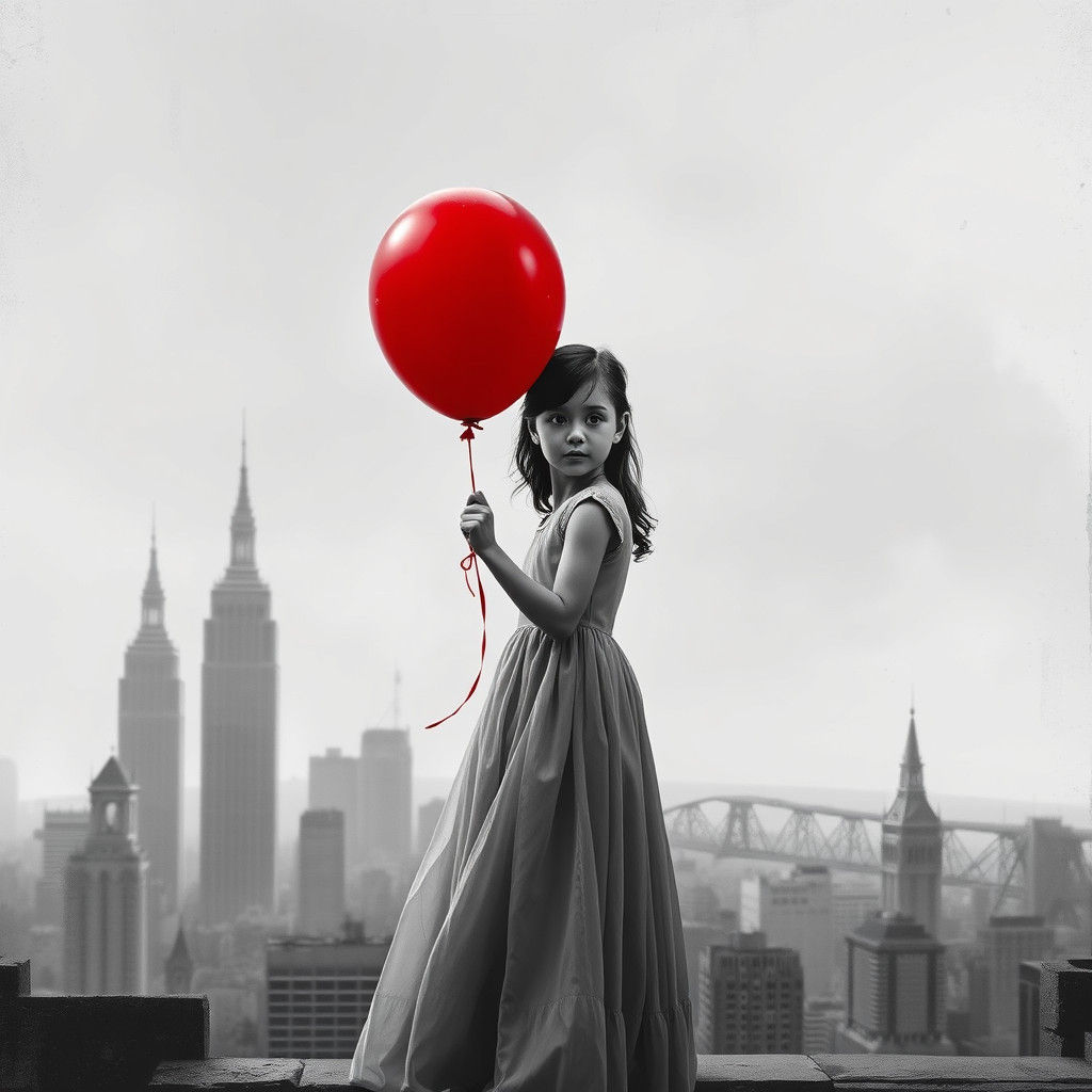 Girl with Red Balloon in Grayscale Cityscape