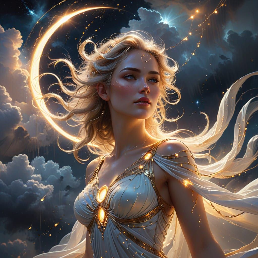 Divine Light Goddess in Ethereal Cloudscape