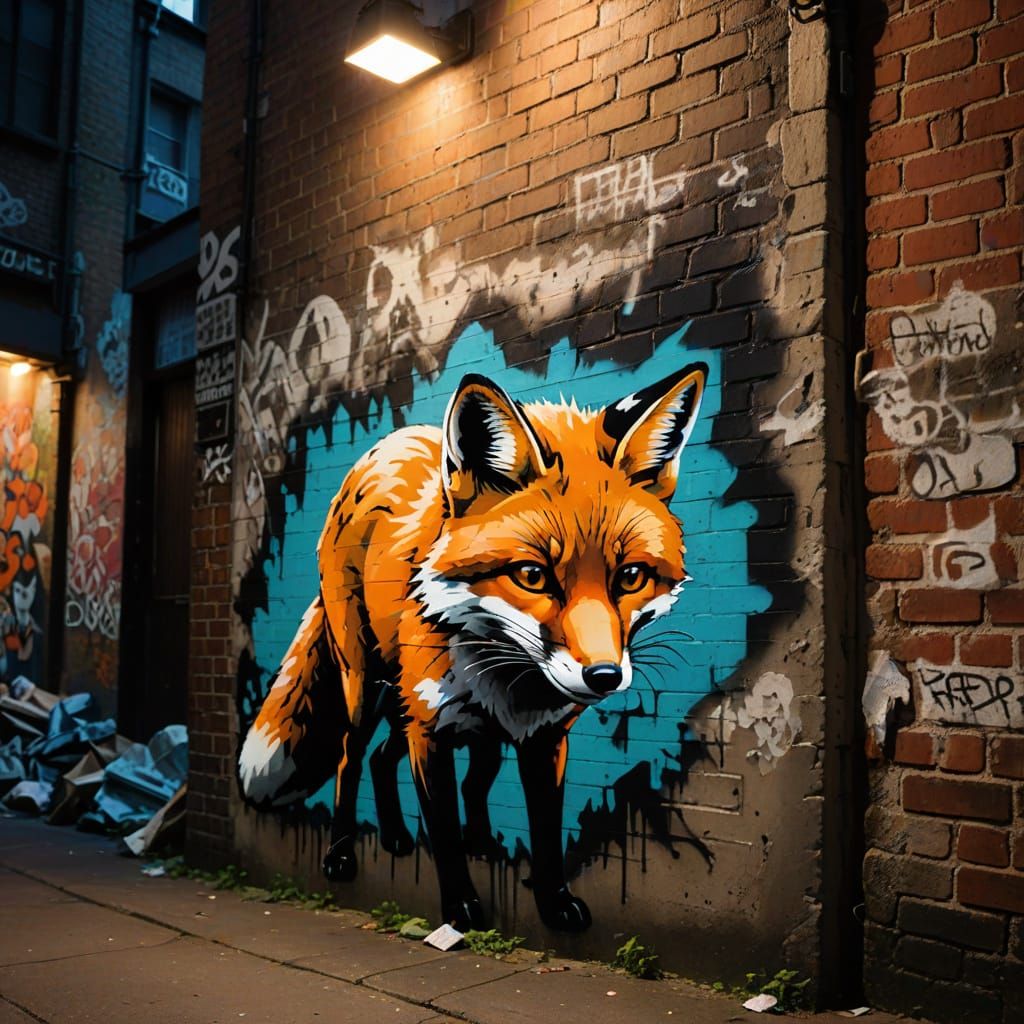 Street Art Fox in City Alley, Stencil Style