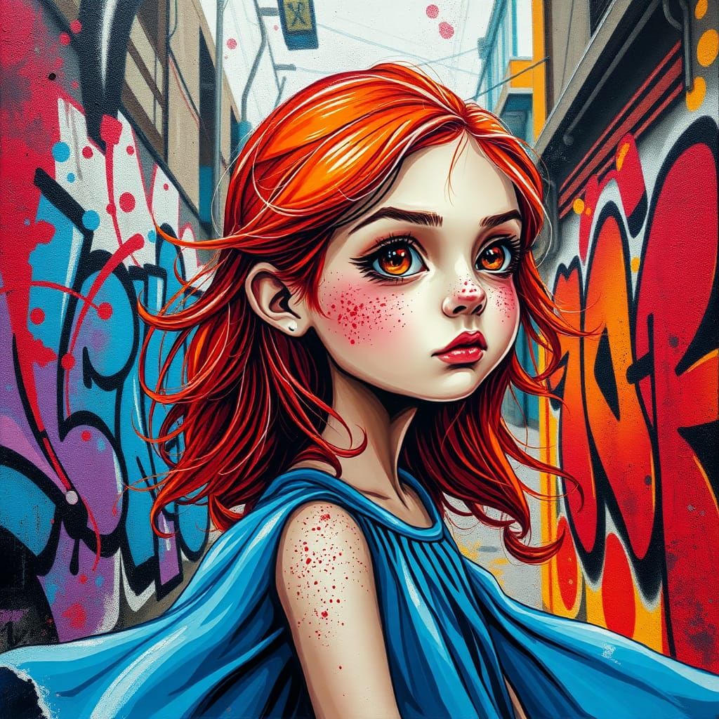 Fiery Redhead in Urban Graffiti Dreamscape