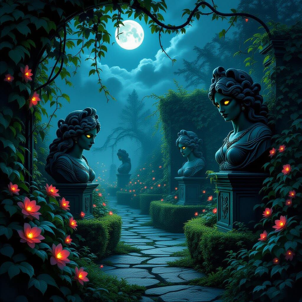 Eerie Overgrown Garden with Glowing Medusa Statues
