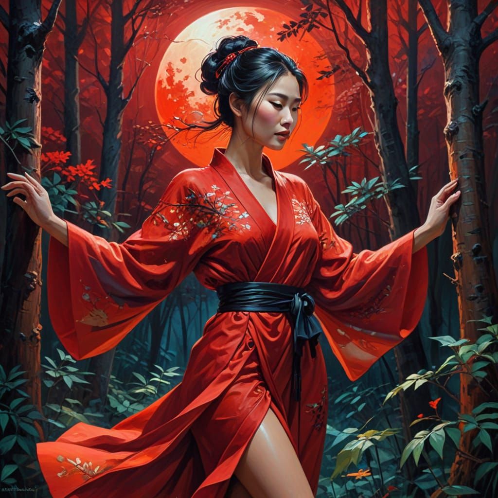 Surreal Asian Woman in Red Moonlight Forest Oil Painting