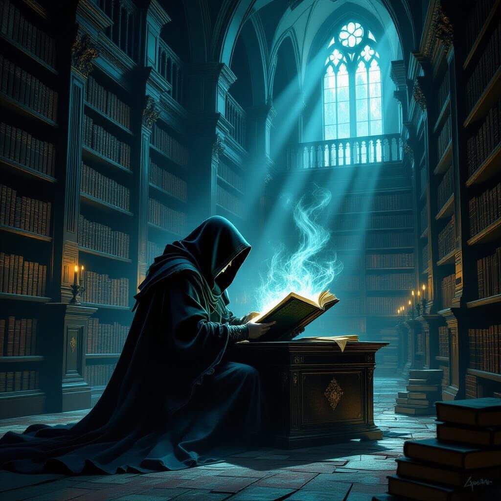 Mysterious Archivist Studies Glowing Tome in Vast Library