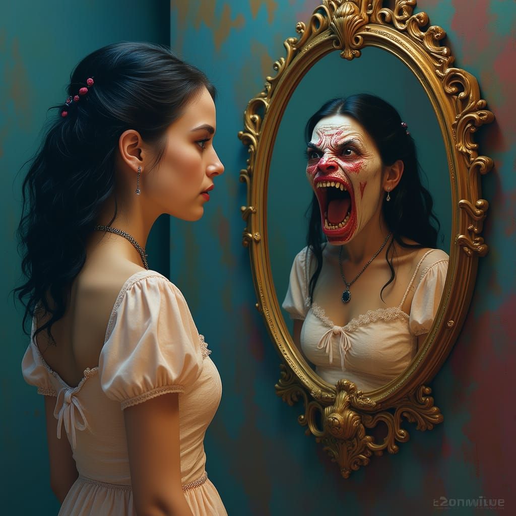 Elegant Girl Sees Monster Reflection in Splash Art