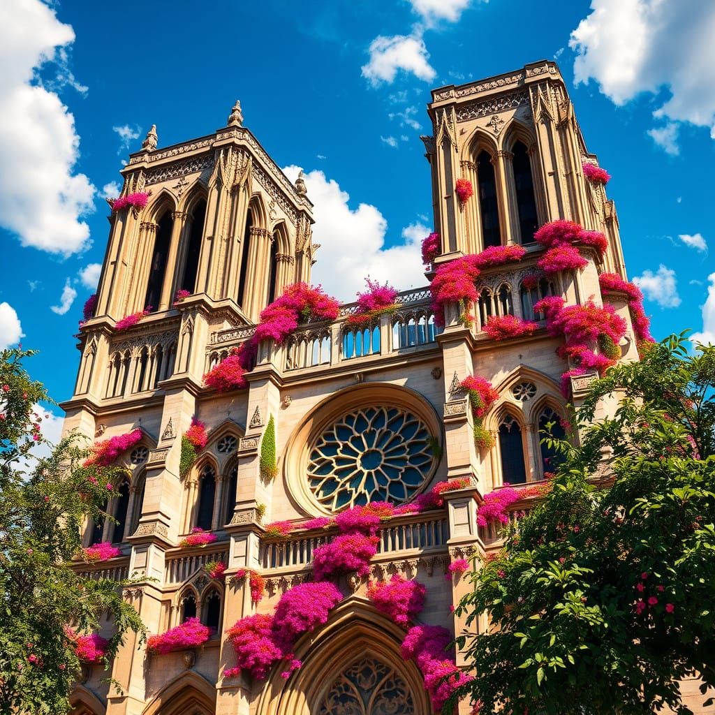 Sunlit Notre Dame Paris with Vibrant Flowers and Trees