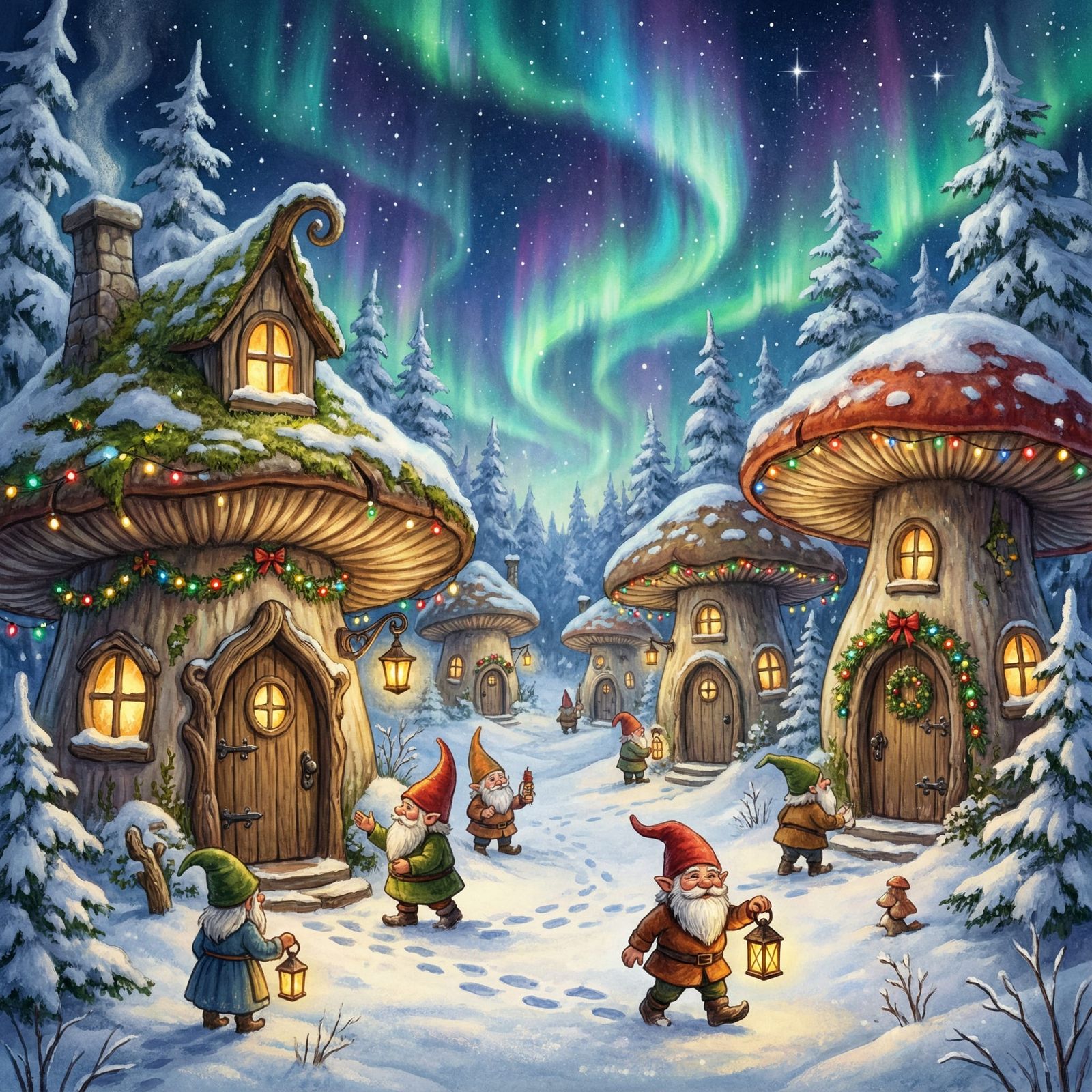 Enchanting Snowy Gnome Village With Christmas Lights