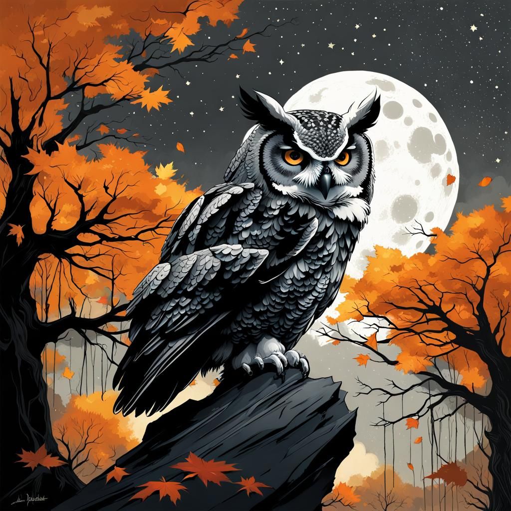 Majestic Autumn Owl in Halloween Scene