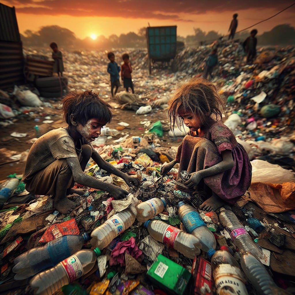 Resilient Indian Children Scavenging Recyclables at Sunset