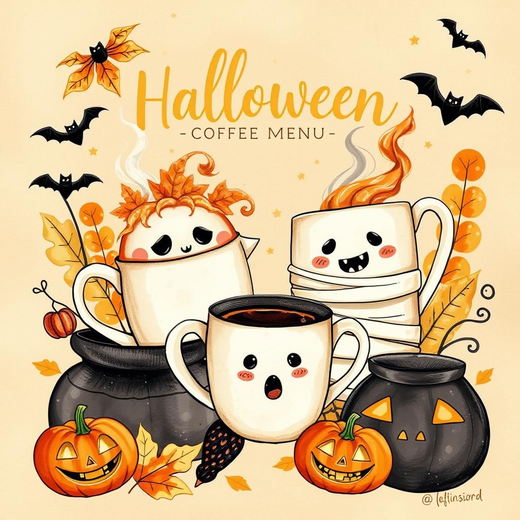 Halloween Coffee Shop Menu with Spooky Cups