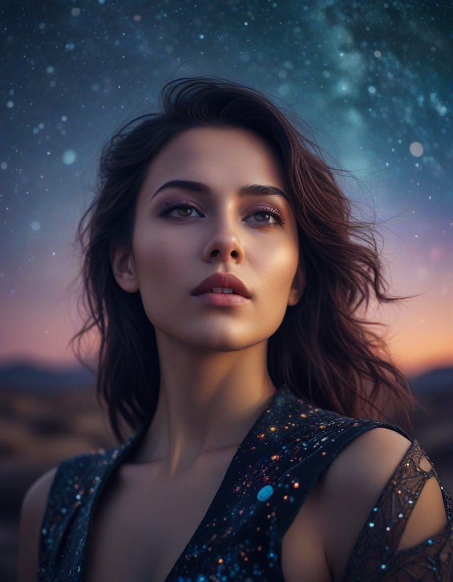 Ethereal Fantasy Woman Under Starry Skies