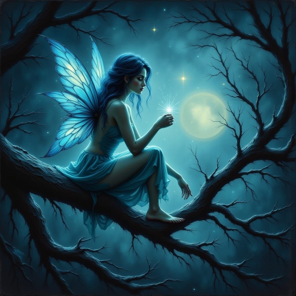 Ethereal Night Fairy on Oak Branch in Starry Sky